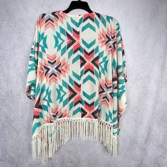 Kimono Cardigan Womens Size S/M Aztec Ivory Open Boxy Fringe Bohemian Cover Up - Picture 7 of 13